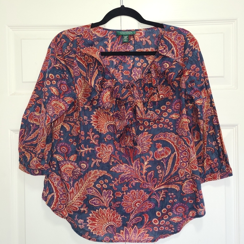 Lauren Ralph Lauren Shirt Women's Large Ruffle‎ Blouse Paisley 3/4 Sleeve Floral
